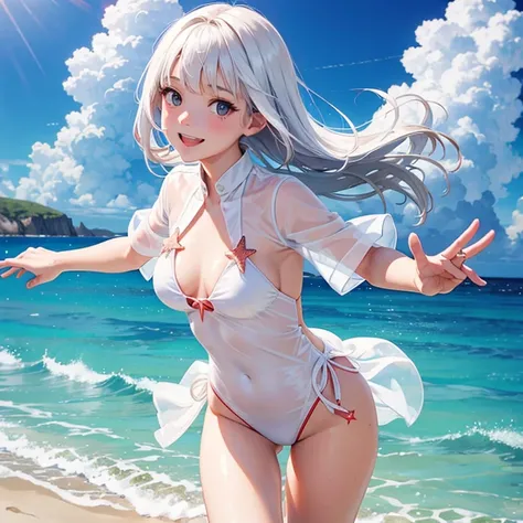 a girl,white semi transparent shirt,swimsuit,sexy,white beach,red starfish,distant seagulls,smile,running