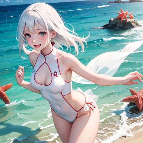 a girl,white semi transparent shirt,swimsuit,sexy,white beach,red starfish,distant seagulls,smile,running