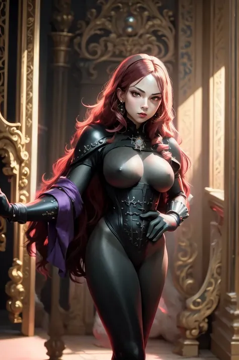 a woman with red lipstick has armor on and is holding a sword, kirijou mitsuru, 1girl, solo, hair over one eye, long hair, (((red hair))), weapon, rapier, sword, bodysuit, black bodysuit, grey bodysuit, hand on hip, (((large breasts))), (purple theme:1.2),...