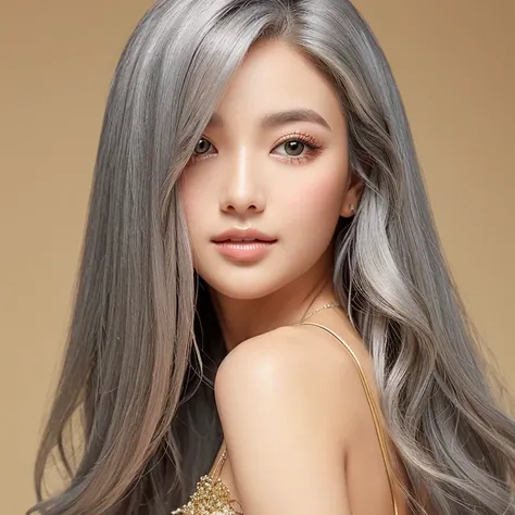 beautiful girl、gray hair、long hair、perfect face、masterpiece、Perfect golden dress on white background、luxury decoration