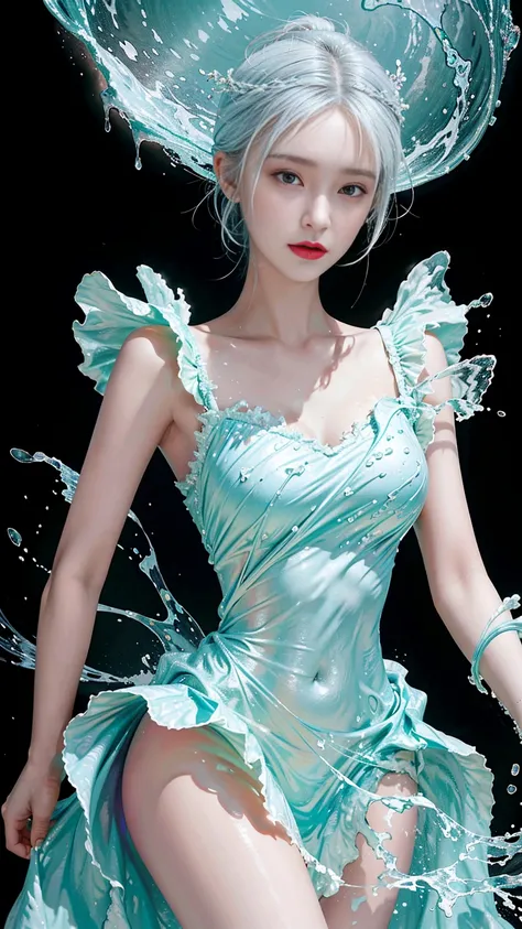 (masterpiece, best quality:1.2), 8k, 85mm, original photo, absurd, White and cyan theme, (liquid clothes, Liquid dress:1.4), white hair, gradient dress, exquisite girl, Upper body, Close-up face, shiny skin, married woman, view viewer, human development re...