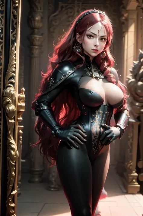 a woman with red lipstick has armor on and is holding a sword, kirijou mitsuru, 1girl, solo, hair over one eye, long hair, (((red hair))), weapon, rapier, sword, bodysuit, black bodysuit, grey bodysuit, hand on hip, (((large breasts))), (purple theme:1.2),...