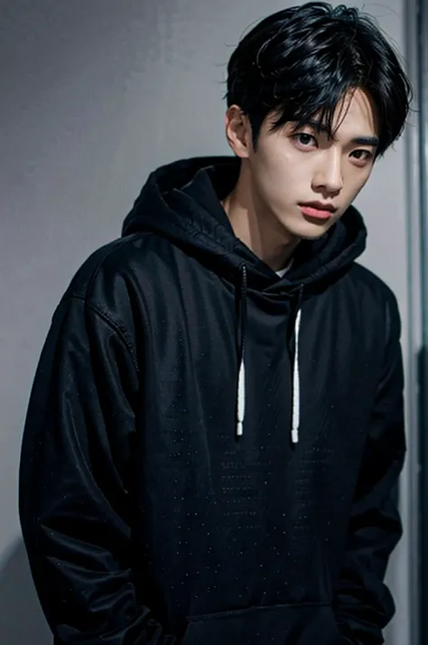 a young man with a black hoodie, male ulzzang , thin face,  headshot profile picture, boy has short black hair