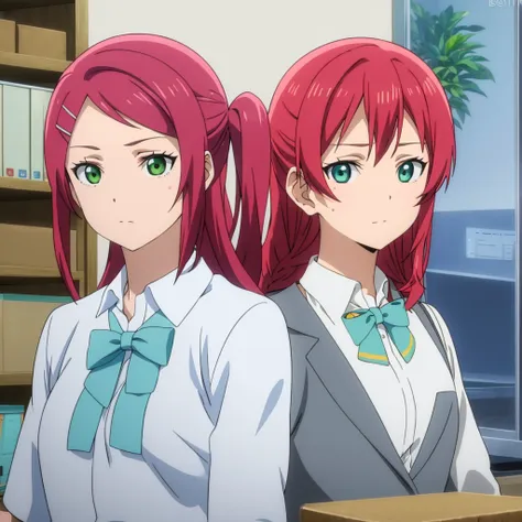 ((best quality)), ((masterpiece)), (detailed), perfect face, woman wearing office clothes, red hair, long hair, green eyes,