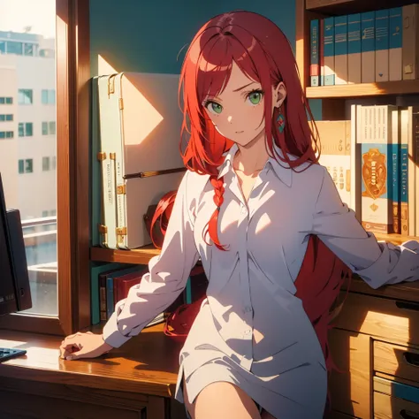 ((best quality)), ((masterpiece)), (detailed), perfect face, woman wearing office clothes, red hair, long hair, green eyes,