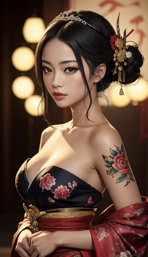 ((detailed)), ((best quality)), ((masterpiece)), (Vibrant), ((Enchanting)), (Meticulous), Anime, Shoujou, Geisha, Alluring looks, Very beautiful, Seductive, open up Kimoni, tattoos on body, Digital artwork, Digital masterpiece, Digital illustration, Broad ...