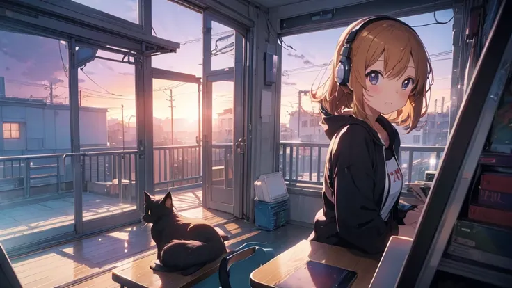 Sense of openness，anime background art，anime scenery，anime background，beautiful anime，girl，Lo-fi，study，headphone，Cat