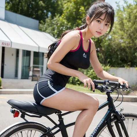 Girl straddling a bike saddle cushion, sportswear,masterpiece、highest quality、looking at the camera
