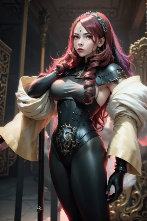 a woman with red lipstick has armor on and is holding a sword, kirijou mitsuru, 1girl, solo, hair over one eye, long hair, (((red hair))), weapon, rapier, sword, bodysuit, black bodysuit, grey bodysuit, hand on hip, (((large breasts))), (purple theme:1.2),...