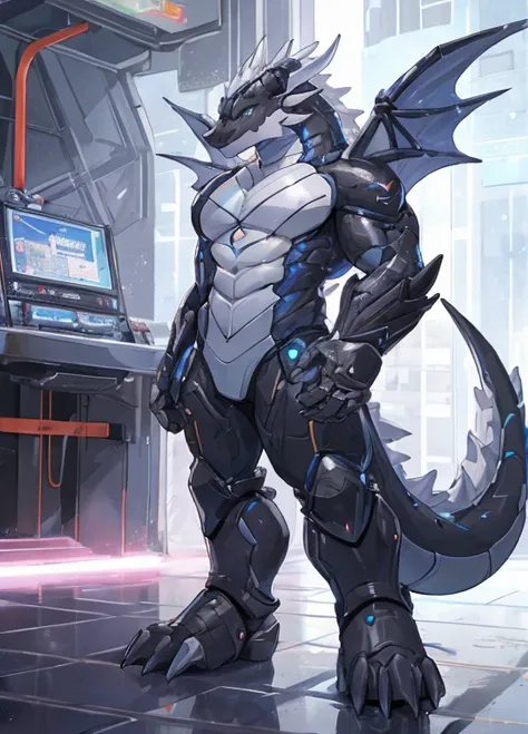 male, synthesizer (widersan), , android, dragon, 银dragon, 机器dragon，ai machine creature，full body portrait，nude