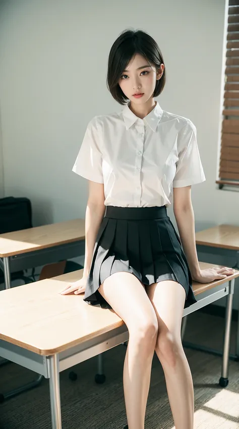 1 handsome girl with short hair，emaciated，slender thighs，slender figures，Wearing a white shirt and black pleated skirt，White长袜，High heel，sexy pose，On desk in school classroom，White