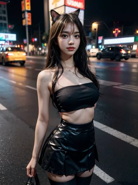 (8K, RAW photo, highest quality, masterpiece:1.4), ultra high resolution, (realistic, photo-realistic:1.48),Omertosa,1 girl,(K-POP idol), (charming monkey:1),cute, (super Bokeh night city center:1.25), Bokeh, night, traffic light, road signs, rain, after r...