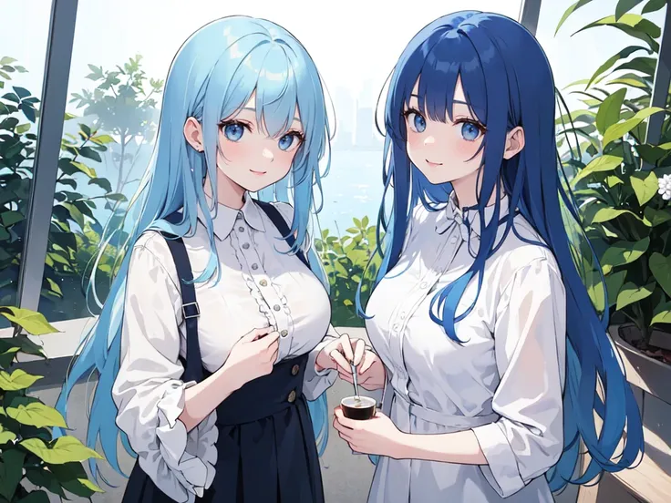 (masterpiece), (best quality), (ultra detailed),(dishevelled hair),(illustration), ((twins sisters, blue hair)(2woman)), long hair, standing, Fashion model ( modern clothes), looking at viewer, (interview), (casual school background),beautiful blue eyes, d...