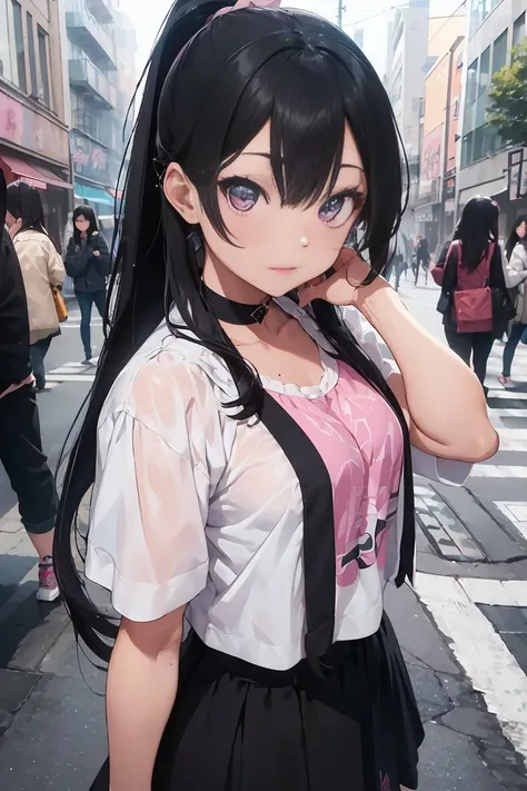 street snap(((table top))),((super detailed,highest quality)),whole body((black hair, long hair,straight hair,high ponytail)), harajuku fashion, (blue eyes),eye shadow, eyeliner,glow eye, highly detailed eyes, complicated eyes, beautiful eyes, ((shining pi...