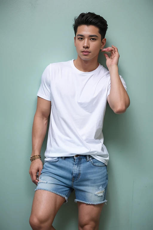 arafed man thai handsome in white shirt and blue shorts leaning against a wall, young man with short, short jeans, short size, short pants, wearing denim short shorts, denim short pants, cotton, modern casual clothing, thin young male, wearing shorts and t...