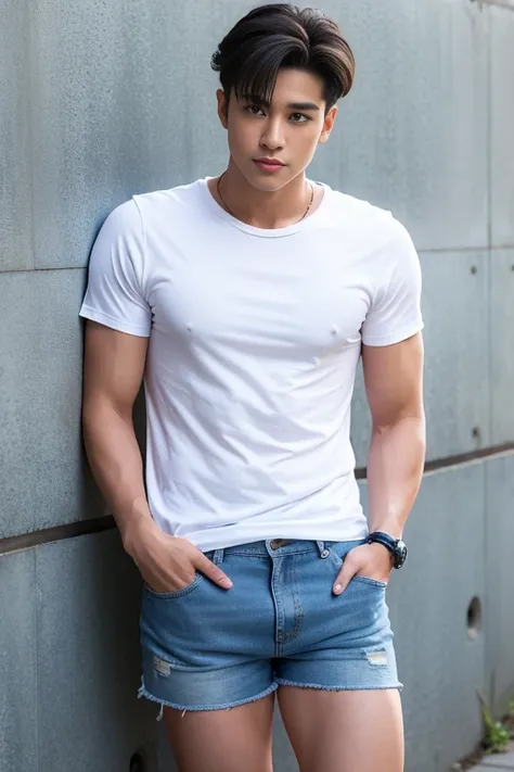 arafed man thai handsome in white shirt and blue shorts leaning against a wall, young man with short, short jeans, short size, short pants, wearing denim short shorts, denim short pants, cotton, modern casual clothing, thin young male, wearing shorts and t...