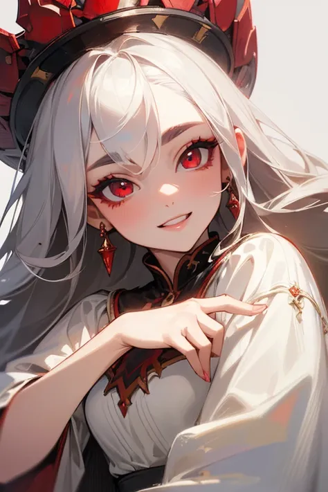 (highest quality, masterpiece:1.2), High resolution, Super detailed, realistic:1.37, fantasy, An illustration, red eyes, Queen, white dress.Platinum decoration、beautifully、Eyeshadow Red、eyebrows are dark、lashes are long、Pupils are black、smile showing teeth...