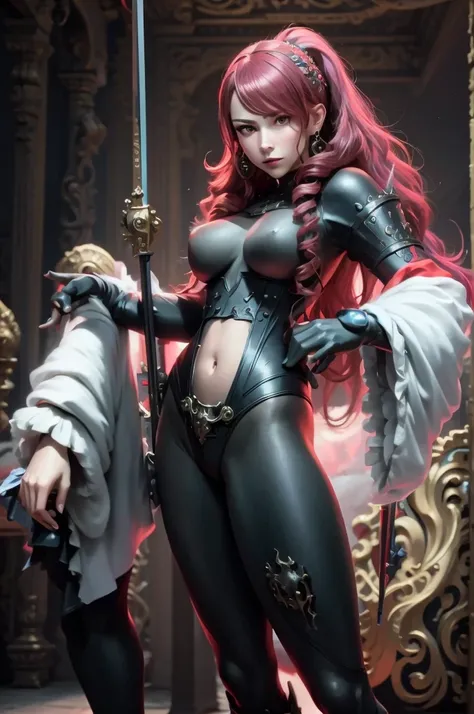 a woman with red lipstick has armor on and is holding a sword, kirijou mitsuru, 1girl, solo, hair over one eye, long hair, (((red hair))), weapon, (rapier), bodysuit, black bodysuit, grey bodysuit, hand on hip, (((large breasts))), (purple theme:1.2), ((in...