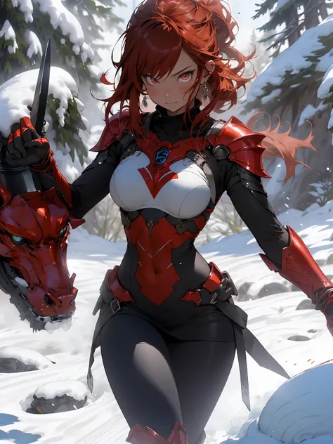 make it realistic，（masterpiece，highest quality，highest quality，very detailed，fractal art，most detailed，（Viewing the snowy field：1.5）（1 girl），Kamimei，（ponytail），（Shining red eyes and beautiful red hair、big breasts，trained abdominal muscles)，crystallization，...