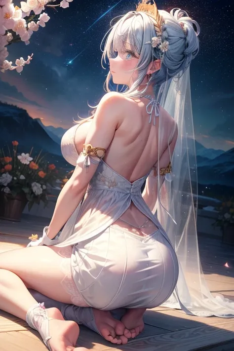 Colorful starrailloating white feathers),Purple,(((((masterpiece))))),(((((high resolution))))),alone,(hair splayed out),((flowing hair)),pink hair,blue_Eye,permanent,Big breasts,((美丽细致的short skirt, flower patterns on clothes,White dress)),bridal gloves,ri...