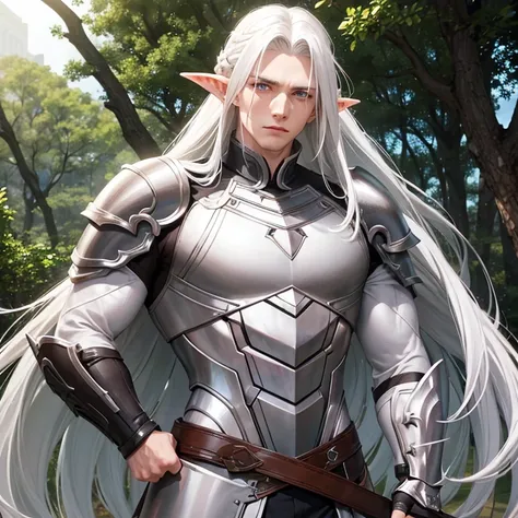 white man, (long white hair), gray eyes, ((pointed ears)), armor, muscular in the forest