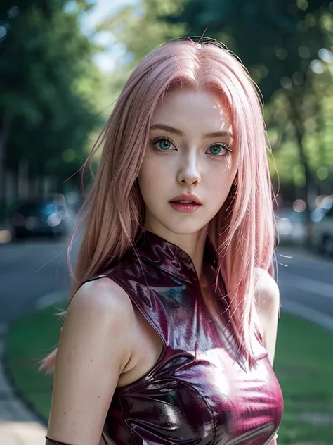 young woman, long pink hair, wide forehead, porcelain skin, pink eyebrows, big emerald green eyes, buttoned nose, thick lips, heart-shaped face, slender body, small breasts, pink leather dress, Sakura Haruno, realistic, realism black details 3d