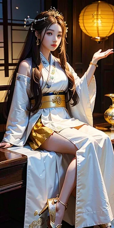 best quality, masterpiece, demanding body:1.5),gorgeous face,(milky white skin:1.3),intricate details,high resolution,wallpaper,
1 girl, alone,short skirt, hair accessories, (((金色和红色short skirt, long hair, brown hair, Keep your mouth shut, jewelry, long sl...