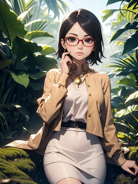 sarada uchiha with short hair, black eyes, wearing prescription glasses. she is wearing a beige nude pencil skirt and leopard pr...