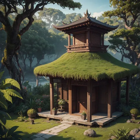 (isometric 3D),(masterpiece),  (extremely detailed CG unity 8k wallpaper), (best quality), (best illustration), (best shadow),, a cute , Balinese Temple, A round turnip hut covered with moss, ,octane render,ray tracing,ultra detailed