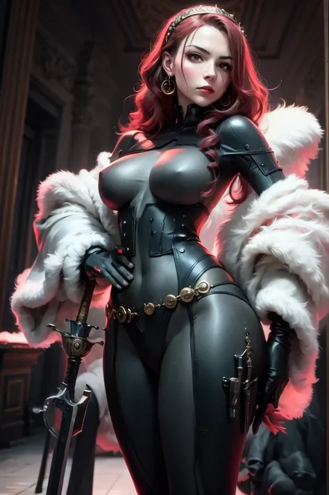 a woman with red lipstick has armor on and is holding a sword, kirijou mitsuru, 1girl, solo, hair over one eye, long hair, (((red hair))), weapon, rapier, sword, bodysuit, black bodysuit, grey bodysuit, hand on hip, (((large breasts))), (purple theme:1.2),...