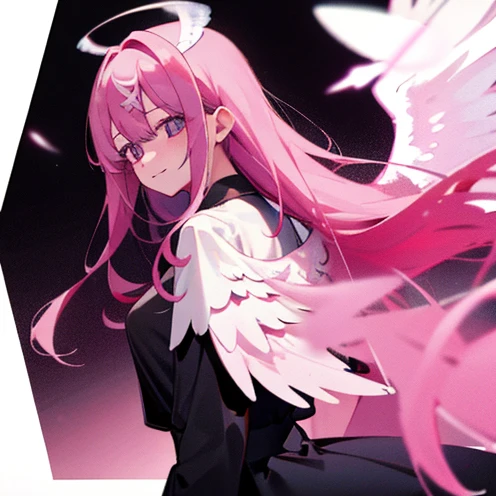 girl, front hair very long, back hair medium,pale pink hair , black eyes , black clothes, angel wings, soft smile on her face.