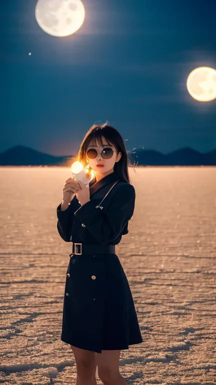 masterpiece, highest quality, ((Salt Flat)), 4K,8K,style,masterpiece, Create Japan Women, at night long charge, ((super detailed)), outdoor, night, nature, (performer, full moon), Shadow, contrast, sunny, (style, (film grain: 1.3), (warm shades, warm tones...