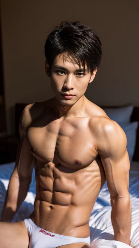 Handsome Asian men model, muscle, sweat, bedroom, sexy, Korean, Japanese, Chinese, bulge , sweating, hot, realistic, tattoos, dark hair, hairy chest, perfect Asian men face,white underpants, naked, shirtless, muscular, perfect muscular, top model, handsome...