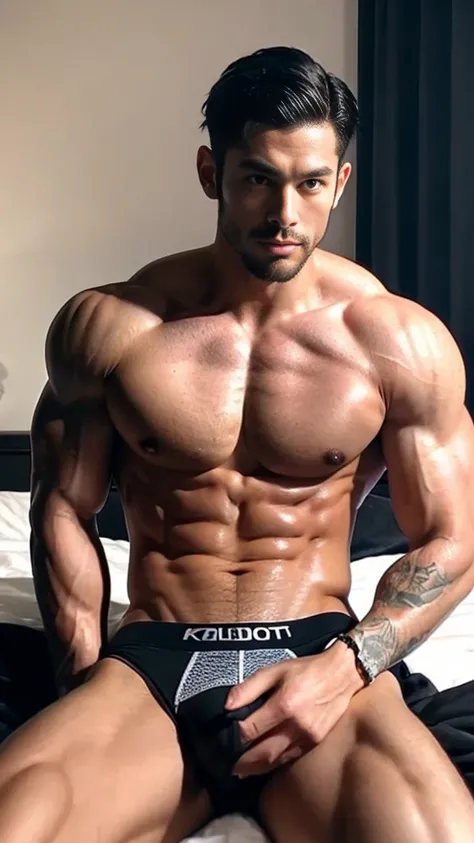 Handsome Asian men model, muscle, sweat, bedroom, sexy, Korean, Japanese, Chinese, bulge , sweating, hot, realistic, tattoos, dark hair, hairy chest, perfect Asian men face,white underpants, naked, shirtless, muscular, perfect muscular, top model, handsome...