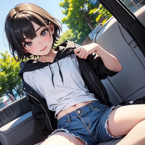 Boyish Girl,cum on face,random angle,white underwear,Open your knees and spread your legs wide open,smile,Berry Short Hair,denim skirt,hoodie