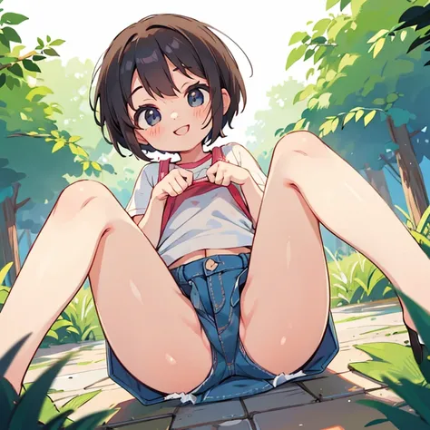 random pose,white underwear,Open your knees and spread your legs wide open,smile,Berry Short Hair,denim mini skirt,