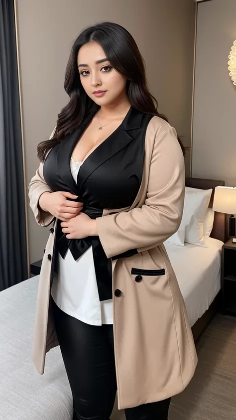 Monali Thakur bengali beautiful actress sexy curvy plus size huge figure woman in a SHEIN Frenchy Lapel Neck Double Breasted Belted Overcoat in black color, different Type standing position, busty, small curvy, mid body shot, round belly, thick body, luxur...