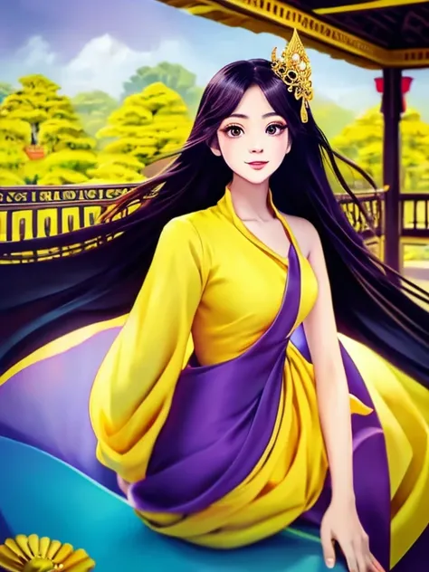 masterpiece, best quality, girl, solo, ((mature female)),, long hair, hair, princess,(upper yellow lower purple) silk dress black dress(dress) (golden dress) fantasy, happy, looking at viewer, cartoon, anime, (oil painting)Burmese girl, 18 years old, Bagan...