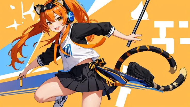 1girl, mlbb, art of wanwan, smiling tiger girl, short skirt, bare legs, blue snickers, cat-type headphones on head, black with yellow lines on skirt, white T-shirt, orange hair, separated ponytail hair, looking at viewer, 8k quality, masterpiece, tiger tai...