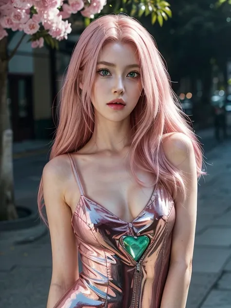 young woman, long pink hair, wide forehead, porcelain skin, pink eyebrows, big emerald green eyes, buttoned nose, thick lips, heart-shaped face, slender body, small breasts, pink leather dress, Sakura Haruno, realistic, realism black details 3d