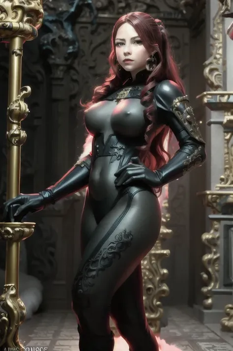 a woman with red lipstick has armor on and is holding a sword, kirijou mitsuru, 1girl, solo, hair over one eye, long hair, (((red hair))), weapon, (rapier), bodysuit, black bodysuit, grey bodysuit, hand on hip, (((large breasts))), (purple theme:1.2), ((in...