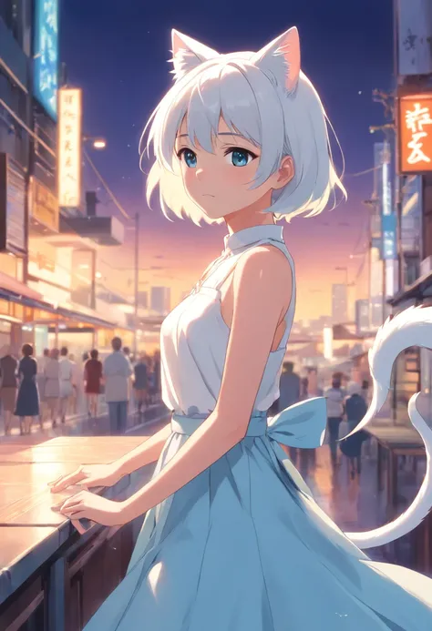 A woman with short white hair, cat ears, a tail, who was crying, fussing, a white dress, a long light blue skirt.