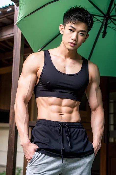 man thai handsome in shorts and a tank top standing under an umbrella, handsome chad chin, wearing a low cut tanktop, wearing a tanktop, asian male, wearing tanktop, rick dai, south korean male, mid-shot of a hunky, male model, beautiful young man, wearing...