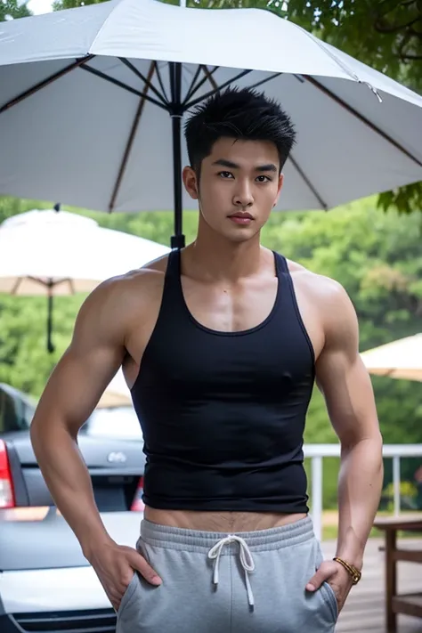 arafed man in shorts and a tank top standing under an umbrella, a picture inspired by Zhang Han, shutterstock, photorealism, handsome chad chin, wearing a low cut tanktop, wearing a tanktop, asian male, wearing tanktop, rick dai, south korean male, mid-sho...