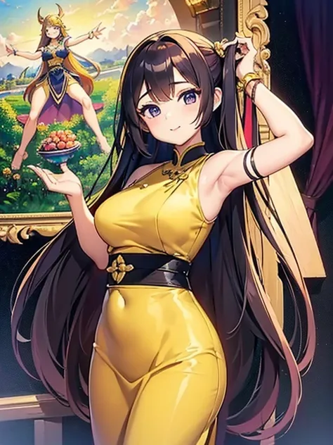 masterpiece, best quality, girl, solo, ((mature female)),, long hair, hair, princess,(upper yellow lower purple) silk dress black dress(dress) (golden dress) fantasy, happy, looking at viewer, cartoon, anime, (oil painting)Burmese girl, 18 years old, Bagan...