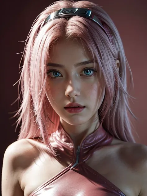 young woman, long pink hair, wide forehead, porcelain skin, pink eyebrows, big emerald green eyes, buttoned nose, thick lips, heart-shaped face, slender body, small breasts, pink leather dress, Sakura Haruno, realistic, realism black details 3d