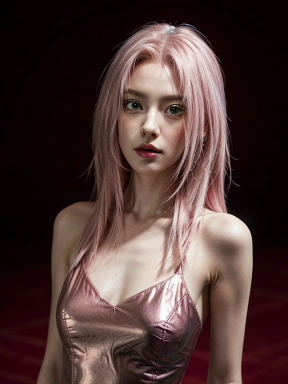 young woman, long pink hair, wide forehead, porcelain skin, pink eyebrows, big emerald green eyes, buttoned nose, thick lips, heart-shaped face, slender body, small breasts, pink leather dress, Sakura Haruno, realistic, realism black details 3d