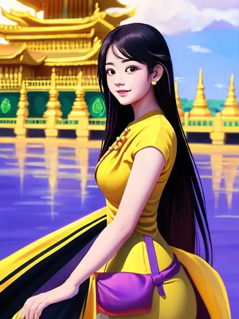 masterpiece, best quality, girl, solo, ((mature female)),, long hair, hair, princess,(upper yellow lower purple) silk dress black dress(dress) (golden dress) fantasy, happy, looking at viewer, cartoon, anime, (oil painting)Burmese girl, 18 years old, Bagan...