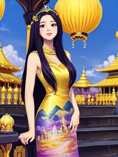 masterpiece, best quality, girl, solo, ((mature female)),, long hair, hair, princess,(upper yellow lower purple) silk dress blac...