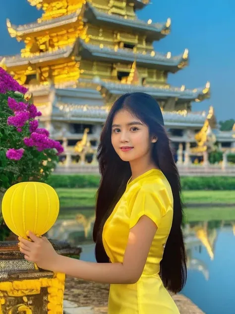 masterpiece, best quality, girl, solo, ((mature female)),, long hair, hair, princess,(upper yellow lower purple) silk dress black dress(dress) (golden dress) fantasy, happy, looking at viewer, cartoon, anime, (oil painting)Burmese girl, 18 years old, Bagan...